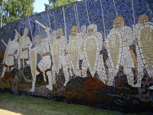 Mozaika przy Górze Czcibora pod Cedynią przedstawiająca wojów Mieszka I i Hodona.